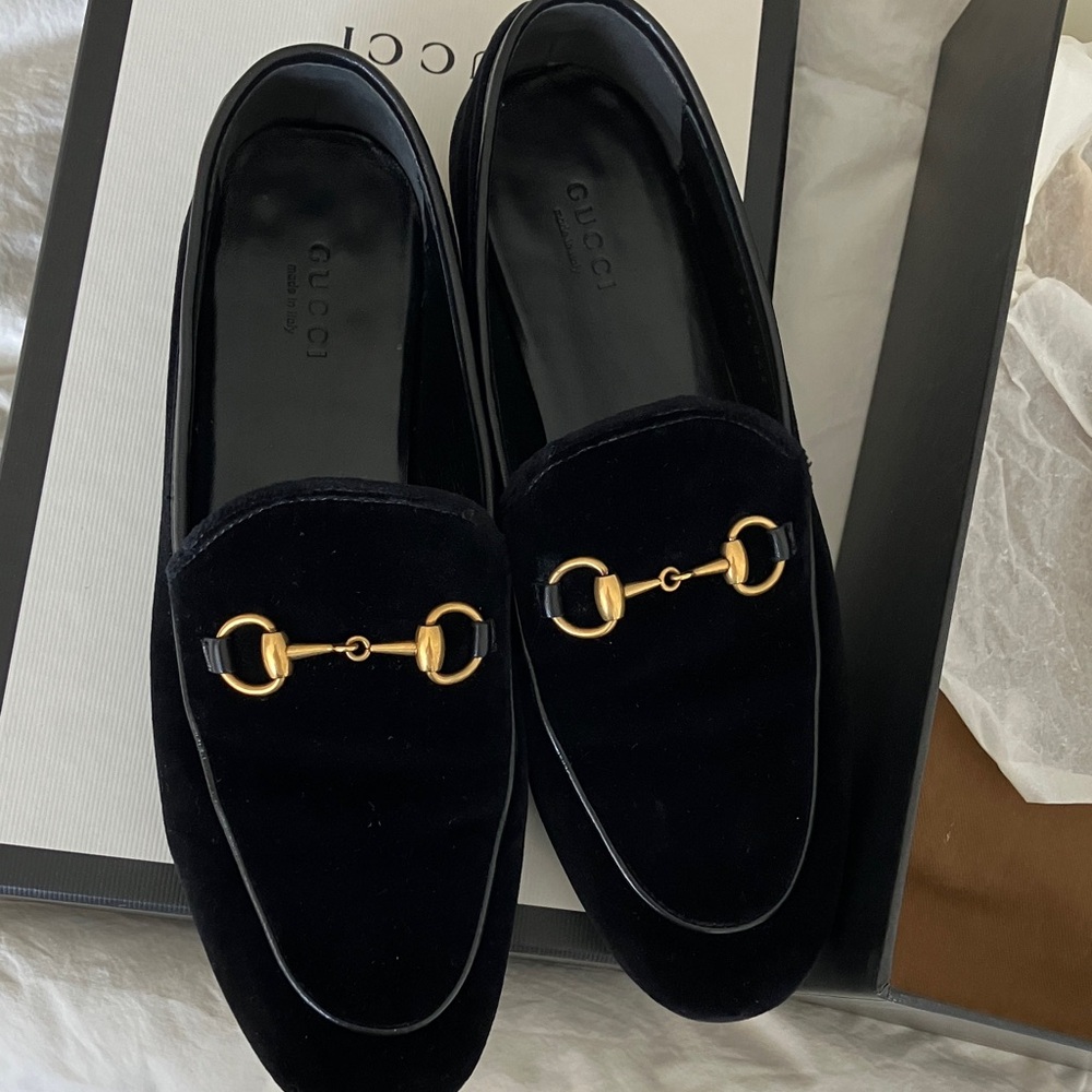Gucci Black Velvet Loafers with Gold Detailing